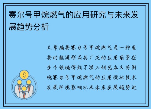 赛尔号甲烷燃气的应用研究与未来发展趋势分析 赛尔号甲烷燃气的应用研究与未来发展趋势分析